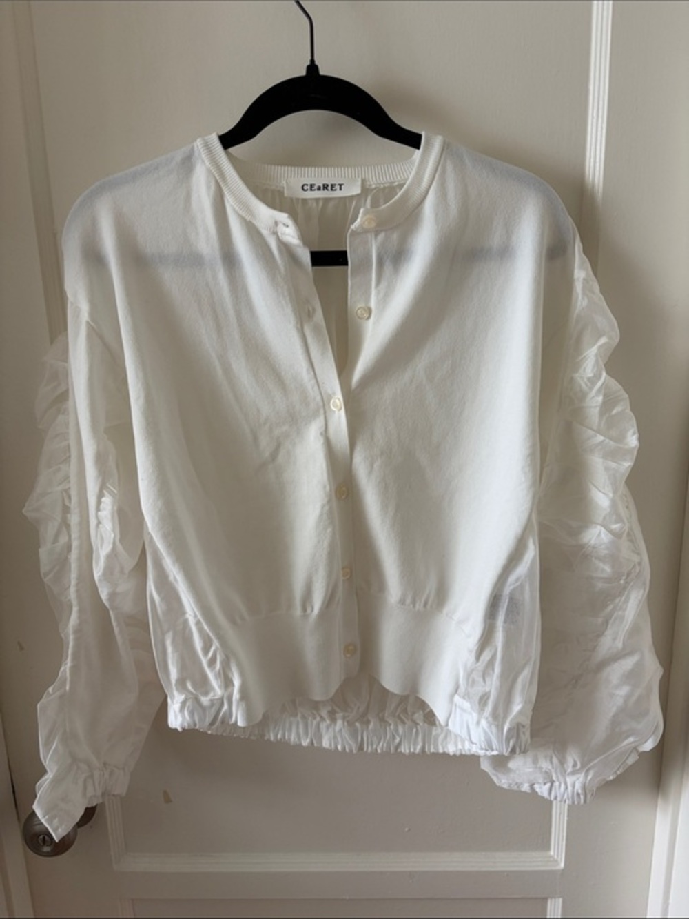 White Button-Front Blouson Top with Sheer Ruffle Sleeves